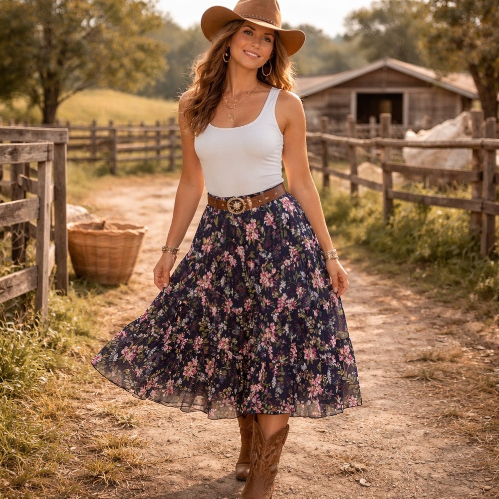 Biltmore Tiered Cottage Maxi Skirt Medium Blue Bird Prairie Chiffon Clip Dot
